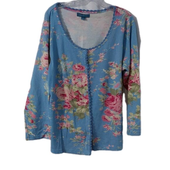 April Cornell Cardigan Size Large Blue Pink Floral Sweater - Picture 1 of 9